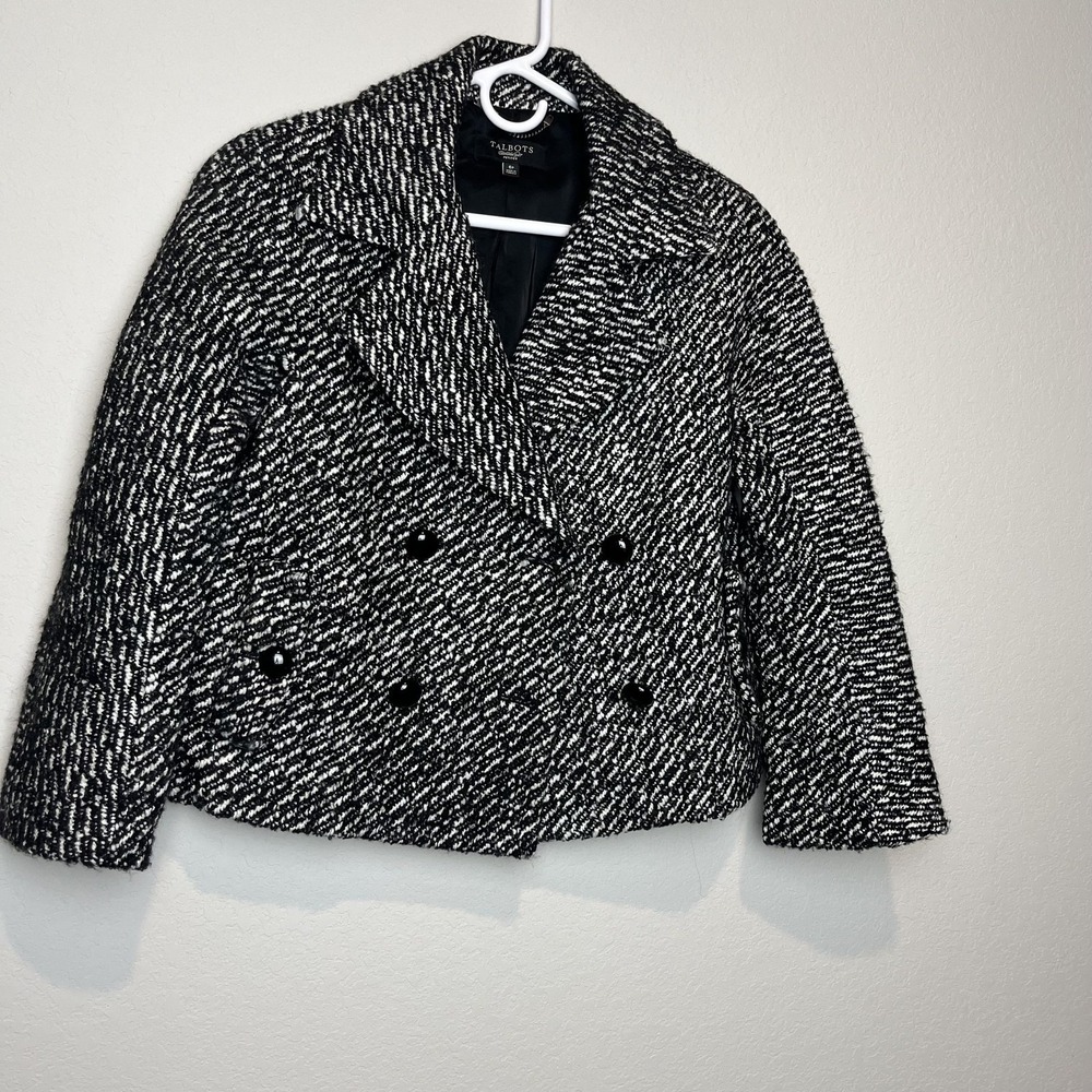 Talbots Jacket Womens 6P Petite Black White Tweed Double Breasted Pea Coat Short